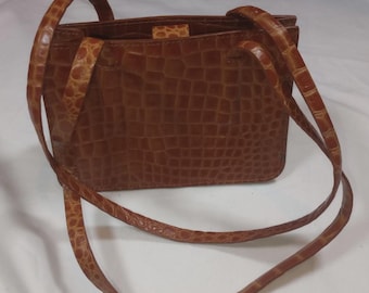 Vintage DKNY Brown Crocodile‑Embossed Leather Shoulder Bag – Medium Satchel
