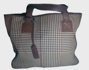 Vintage Lauren Ralph Lauren Heritage Tote – Brown Houndstooth & Suede – Large Shoulder Bag – 90s Dark Academia