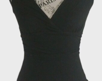 Vintage BCBGMAXAZRIA Black Ruched Faux‑Wrap Top – Size Small