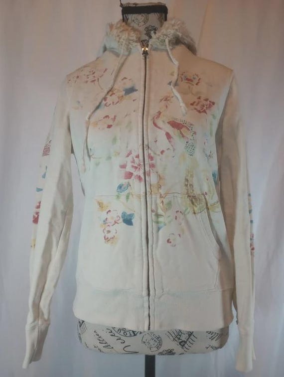 Vintage Y2K Lucky Brand Embroidered Peacock Floral Hoodie Jacket Women’s S Faux Fur Trim