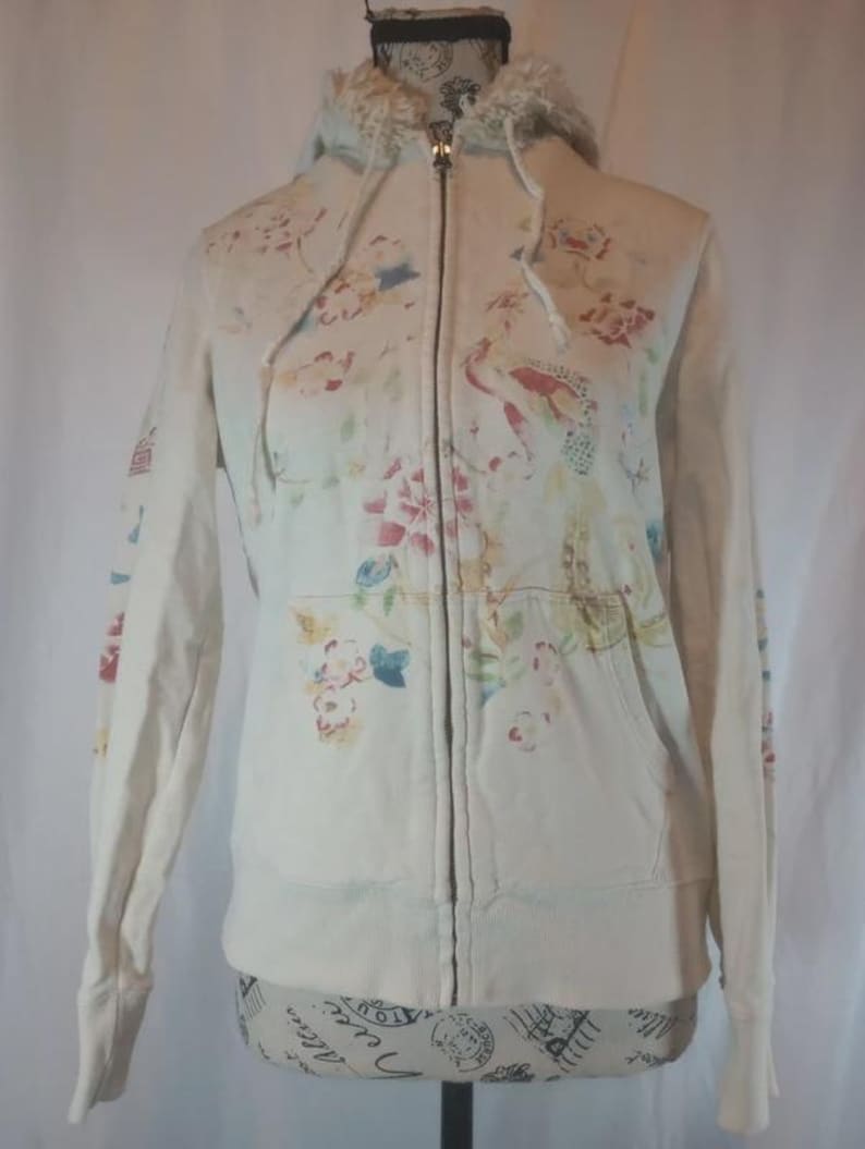 Vintage Y2K Lucky Brand Embroidered Peacock Floral Hoodie Jacket Women’s S Faux Fur Trim image 1