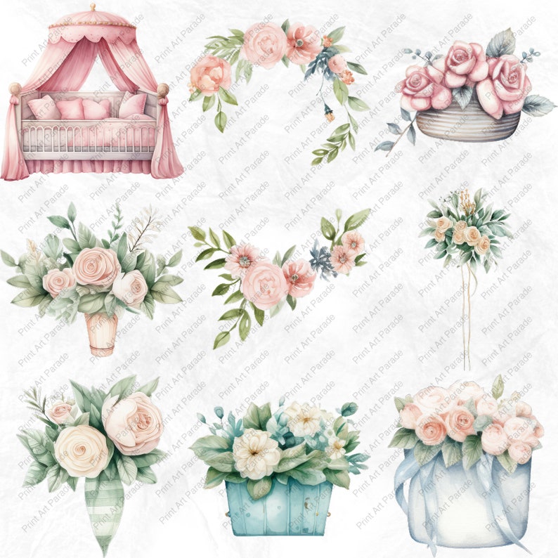 Watercolor Baby Shower Clipart PNG Bundle Newborn Nursery Baby Shower ...