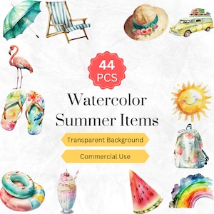 Watercolor Summer Clipart PNG Summer Accessories Digital graphics instant download for commercial use 44 pcs.