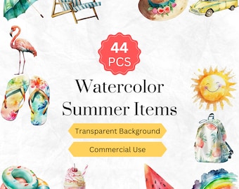 Watercolor Summer Clipart PNG Summer Accessories Digital graphics instant download for commercial use 44 pcs.