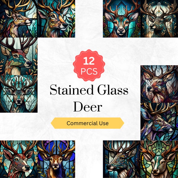 Stained Glass Deer Clipart PNG Deer Téléchargement instantané de graphiques numériques pour un usage commercial 12 pcs.