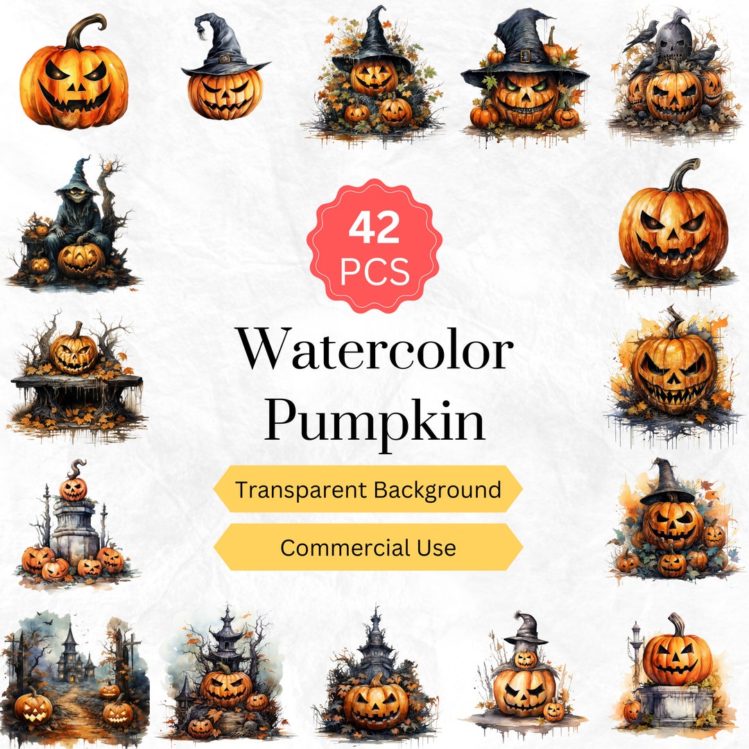Watercolor Halloween Pumpkin Clipart PNG Spooky Jack-o-lantern PNG for ...