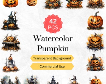 Watercolor Halloween Pumpkin Clipart PNG Spooky Jack-o-Lantern PNG for Halloween Decor Halloween Gift instant download for commercial use