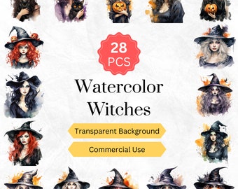 Watercolor Halloween Witch Clipart PNG for Halloween Decor and Halloween Gift Digital graphics instant download for commercial use 28 pcs.