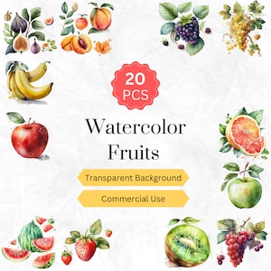 Watercolor Fruit Clipart PNG Fruit Digital graphics instant download for commercial use 20 pcs.