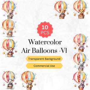 Watercolor Hot Air Balloon Clipart PNG Newborn Nursery Baby Shower PNG Newborn Digital graphics instant download commercial use 10 pcs.