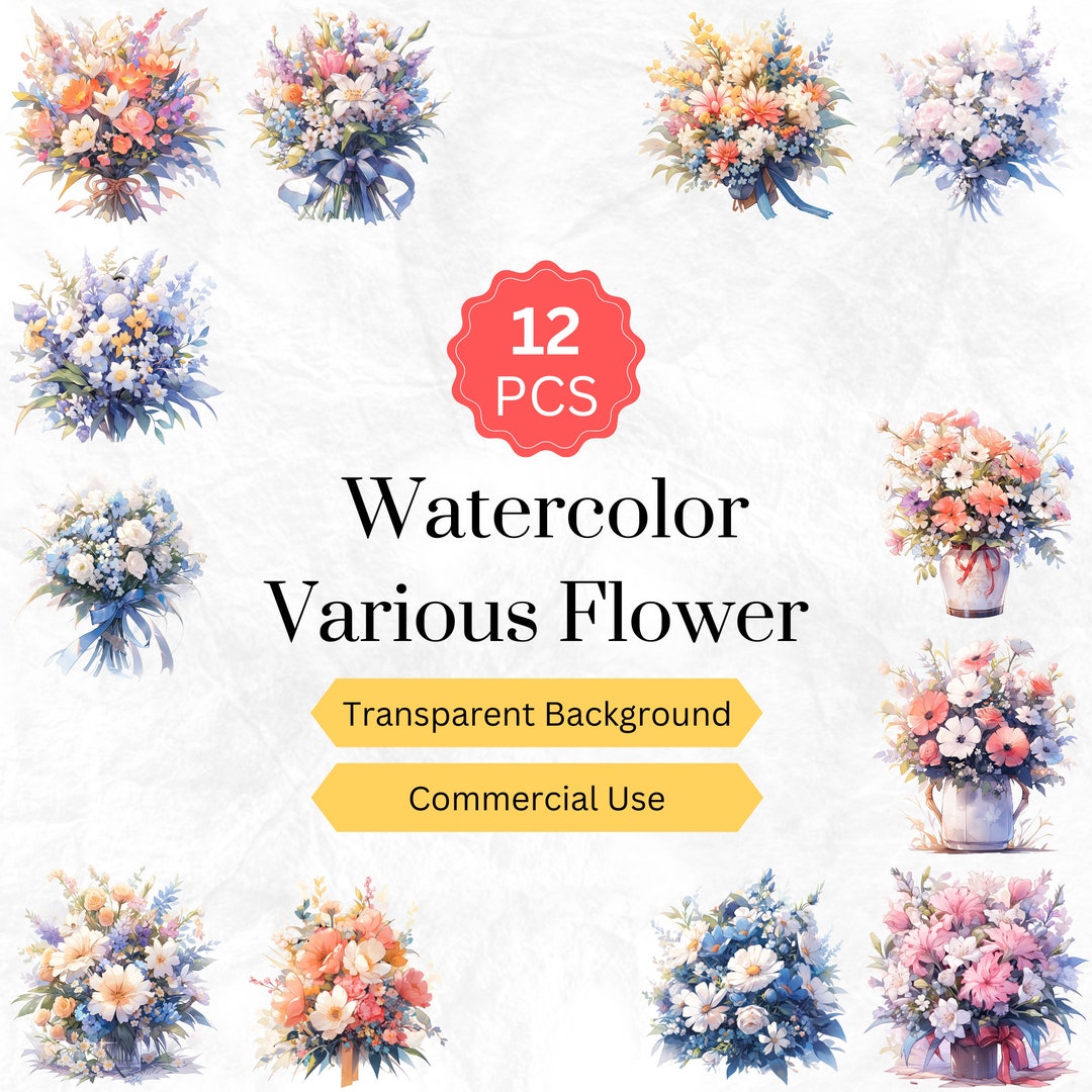 Watercolor Various Flower PNG in Vase Clipart Floral Bouquet Digital ...
