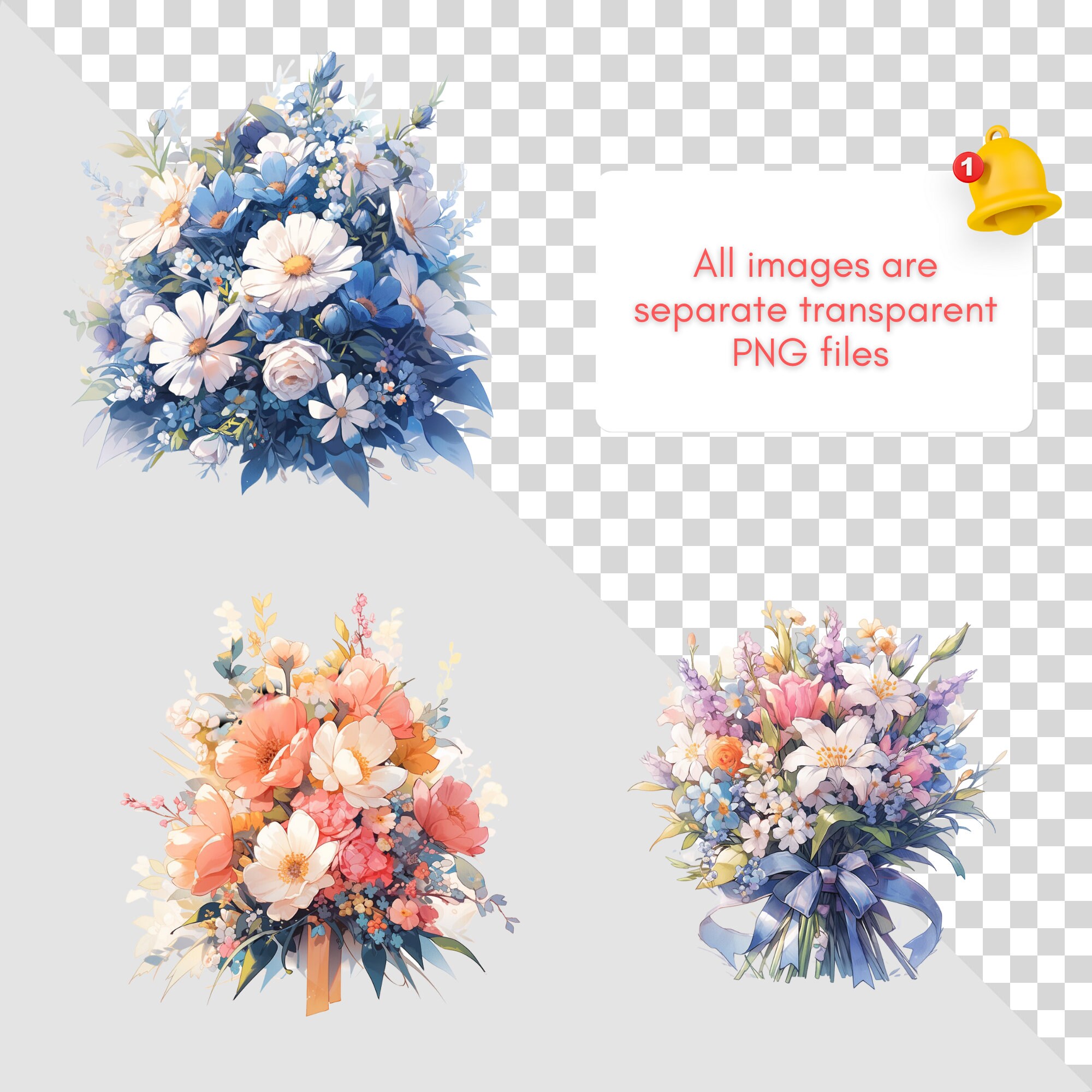 Watercolor Various Flower PNG in Vase Clipart Floral Bouquet Digital ...
