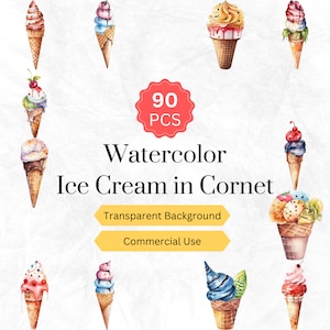 Watercolor Ice Cream in Cornet Clipart PNG Ice Cream Digital graphics instant download for commercial use 90 pcs.