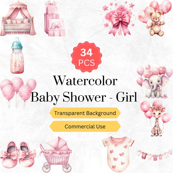 Watercolor Baby Shower Clipart PNG Newborn Nursery Baby Shower Baby Girl Digital graphics instant download for commercial use 34 pcs.