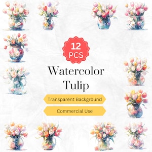 Watercolor Tulip Clipart PNG Tulip Floral Digital graphics instant download for commercial use 12 pcs.