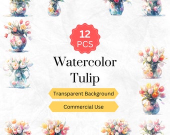 Watercolor Tulip Clipart PNG Tulip Floral Digital graphics instant download for commercial use 12 pcs.