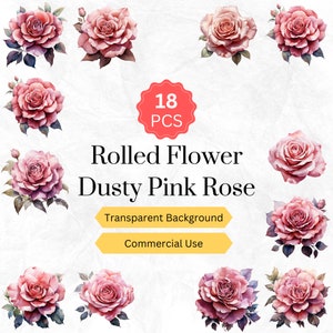 Rolled Flower Clipart PNG Watercolor Rolled Dusty Pink Rose Rolled Rose Digital graphics instant download for commercial use 18 pcs.