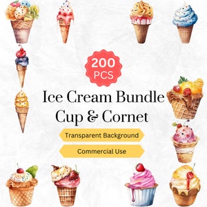Watercolor Ice Cream Cup Ice Cream Cornet Clipart PNG Bundle Ice Cream Digital graphics instant download for commercial use 200 pcs.