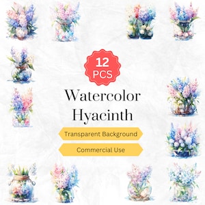 Watercolor Hyacinth Flower Clipart PNG Hyacinth Floral Digital graphics instant download for commercial use 12 pcs.