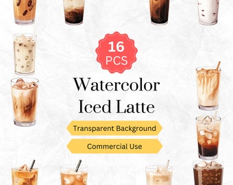 Aquarell Kaffee Iced Latte Clipart PNG Iced Latte Coffee Digitale Grafiken-Sofortdownload für kommerzielle Nutzung 16stk.