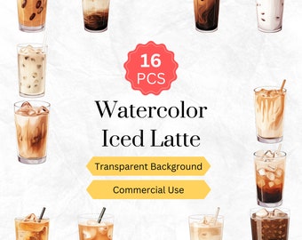 Watercolor Coffee Iced Latte Clipart PNG Iced Latte Coffee Digital graphics instant download for commercial use 16 pcs.