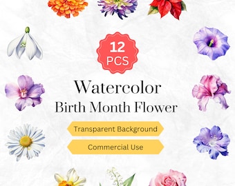Watercolor Birth Month Flower Clipart PNG Birth Month Floral Bundle Digital Graphics instant download for commercial use 12 pcs.