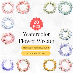 Aquarell Blumen Kranz Clipart PNG Blumenkranz Digitale Grafiken sofortiger Download für kommerzielle Nutzung 20 Stück.