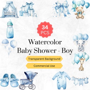 Aquarel Baby douche Clipart PNG pasgeboren kwekerij Baby douche Baby Boy digitale graphics instant download voor commercieel gebruik 34 pc's.