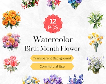 Watercolor Birth Month Flower Clipart PNG Birth Month Floral Bouquet Bundle Digital Graphics instant download for commercial use 12 pcs.