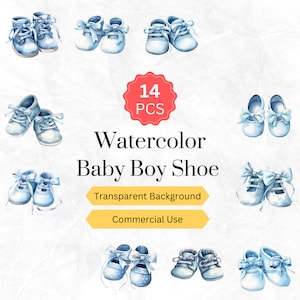 Aquarelle Baby Boy Shoe Clipart PNG Newborn Nursery Baby Shower Baby Boy Graphiques numériques téléchargement instantané pour un usage commercial 14 pcs.