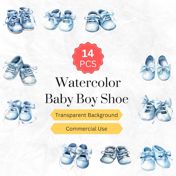 Watercolor Baby Boy Shoe Clipart PNG Newborn Nursery Baby Shower Baby Boy Digital graphics instant download for commercial use 14 pcs.