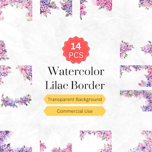 Lilac Border Clipart PNG Acuarela Lilac Border Floral Border Digital Graphics descarga instantánea para uso comercial 14 piezas.