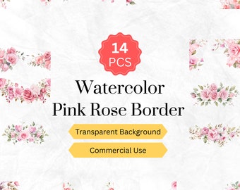 Pink Rose Border Clipart PNG Watercolor Pink Rose Border Floral Border Digital Graphics instant download for commercial use 14 pcs.