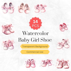 Watercolor Baby Girl Shoe Clipart PNG Newborn Nursery Baby Shower Baby Girl Digital graphics instant download for commercial use 14 pcs.