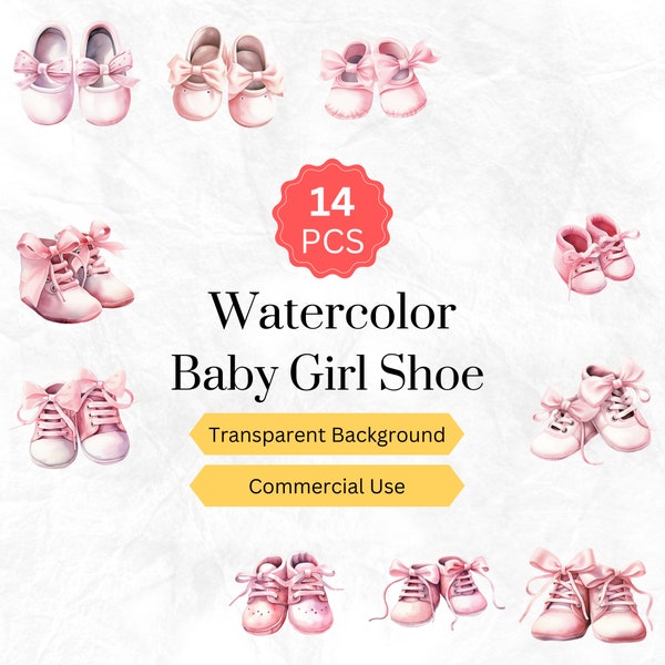 Watercolor Baby Girl Shoe Clipart PNG Newborn Nursery Baby Shower Baby Girl Digital graphics instant download for commercial use 14 pcs.