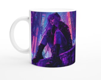 Cyberpunk Anime Mug, Woman on Ledge Graphic, Futuristic Sci-Fi Coffee Cup, 11oz Ceramic Mug