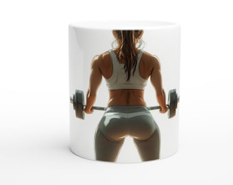 Workout Woman Mug, 11oz Ceramic Mug, Fitness, AI Graphic Art, Gym Lover Gift, Exercise Motivation Mug for Women