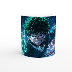 Anime Mug, My Hero Academia, Deku 11oz Ceramic Mug, MUGS, Shonen, Anime, Manga, Green, Cityscape, Cartoon, Green