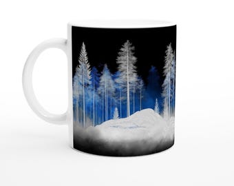 Watercolor Forest Mug: 11oz Ceramic Mug, Elegant Tree Design, Nature Lover's Gift, Monochrome Art Graphic
