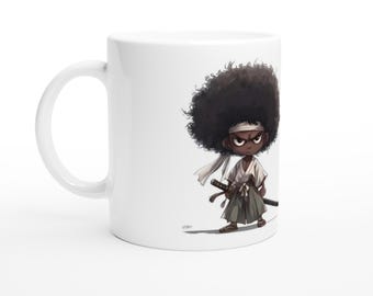 Chibi Anime Character, Afro, Manga, Kawaii Samurai Print, Gift for Anime Lovers, Drinking Mugs