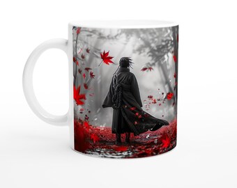 Shonen, 11oz Ceramic Mug, Anime Mug, Black & White Forest, Red Leaves, Monochrome