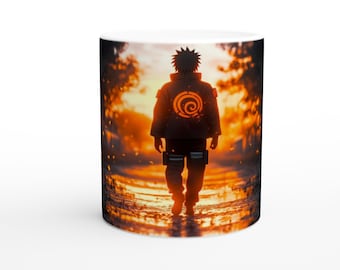 Anime Themed Mug, Manga, Forest, Printed Graphic, Gift For Anime Lovers, Fire, Orange Backdrop, Neon