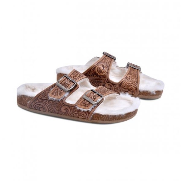 Myra Bag: S-7708 "Trail Winder Hand-tooled Fur Comfort Leather Sandals"