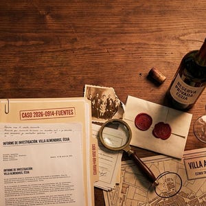 May include: A tan file folder labeled CASO 2026-0914-FUENTES containing investigation documents, a magnifying glass, a vintage photograph, a map of Villa Almendros, a wine bottle, a glass of red wine, a cork, and a set of keys.