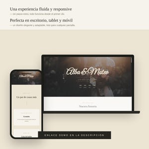 Puede incluir: Una visualización digital de una plantilla de sitio web de bodas en una pantalla de portátil y teléfono móvil. La interfaz muestra los nombres Alba & Mateo en letra cursiva, un temporizador de cuenta atrás y secciones tituladas Nuestra historia.