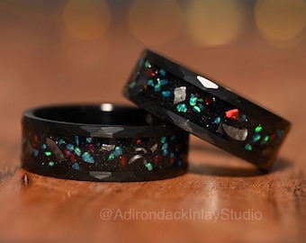8mm Meteorite Ring, Galaxy ring, nebula ring, Fire Opal ring, black tungsten ring, mens ring, promise ring, wedding Ring, womans ring