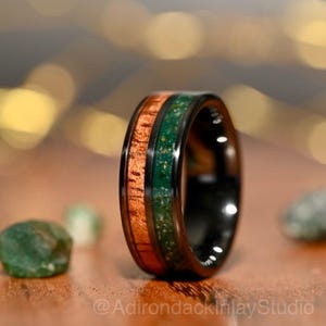 Black 8mm Emerald band, Emerald Green ring gemstone mens band wood wedding band wood anniversary gift for him wood engagement band for her