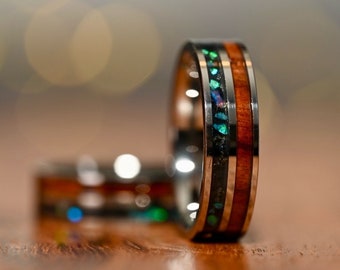 Opal and Labradorite ring, unique Labradorite band smoky gemstone and wood wedding ring Nature inspired mens or womans anniversary gift, 6mm