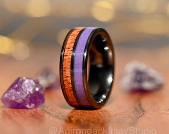 Black 8mm Amethyst band, Amethyst ring gemstone mens ring wood wedding band wood anniversary gift for him wood engagement ring for her