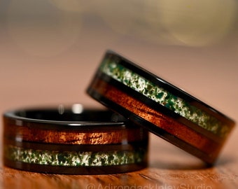Black 8mm Wood and Moss Agate Ring, wood wedding band, Nature ring, promise ring, Wood Ring, nature wedding ring, mens ring, womans ring